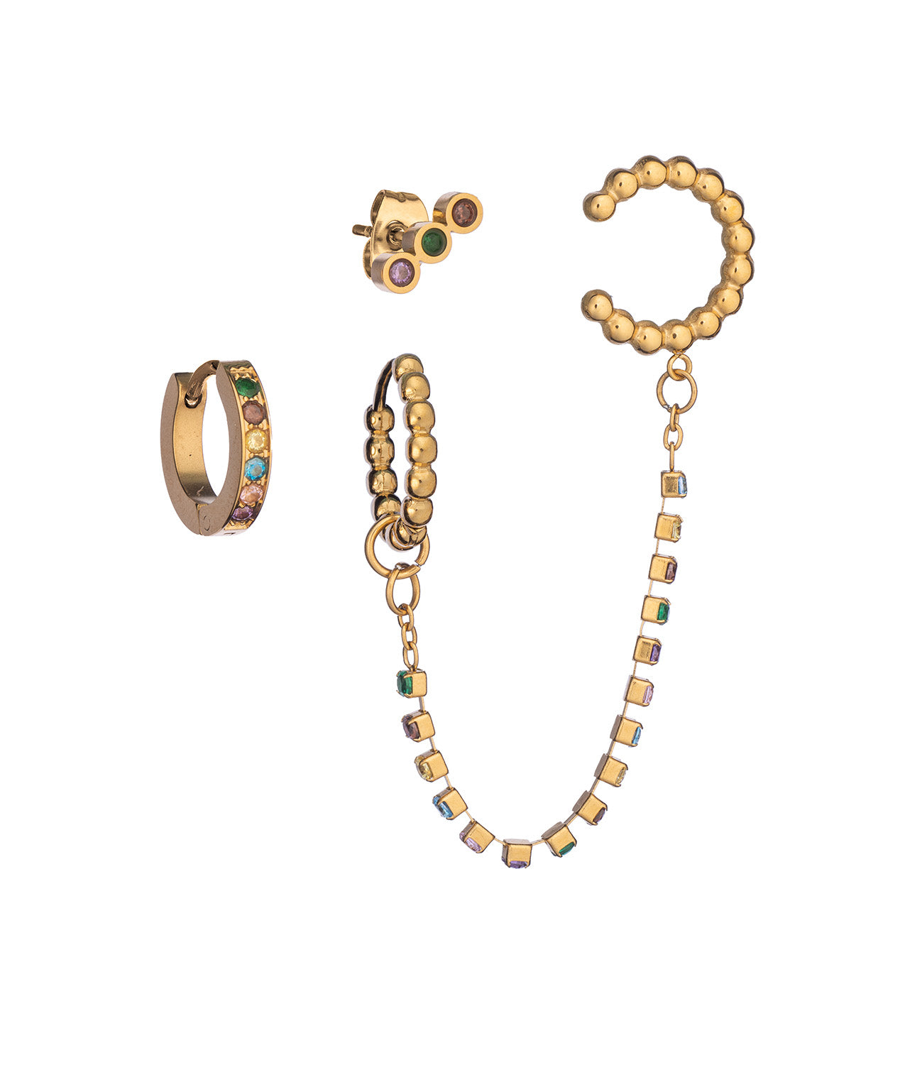 Pack of gold earrings with colorful crystals Beautiful