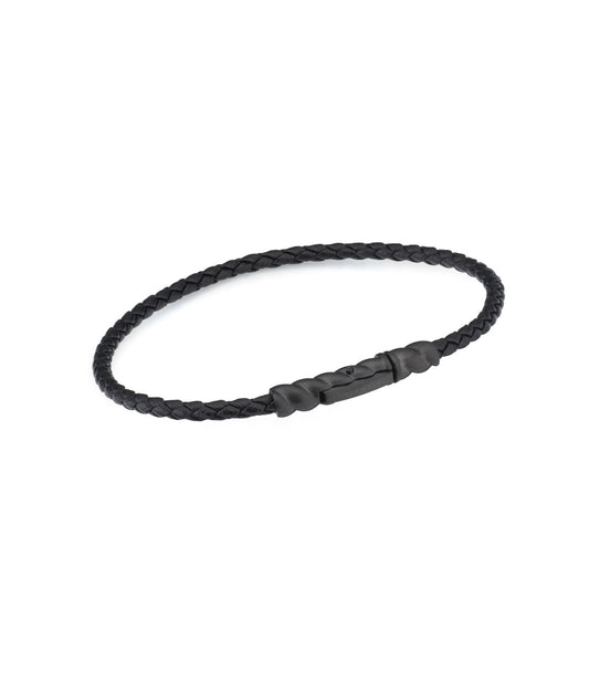 Dünnes schwarzes Armband mit schwarzem Leder | My Way