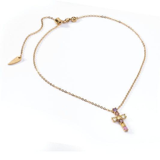Goldene Kreuzkette mit farbigen Kristallen | Lost in you